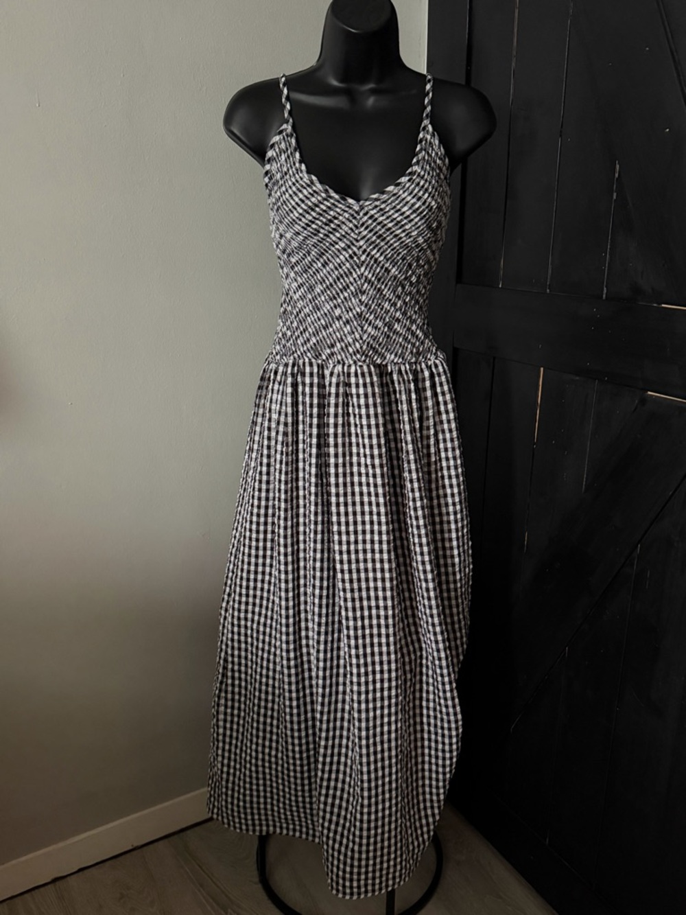 SHEIN Black & White Gingham Smocked Maxi Dress